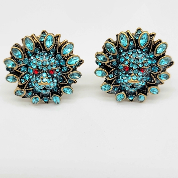 Heidi Daus Blue Topaz Swarovski Crystal Lion Stud Earrings w/ Glowing Red Eyes - Picture 1 of 11
